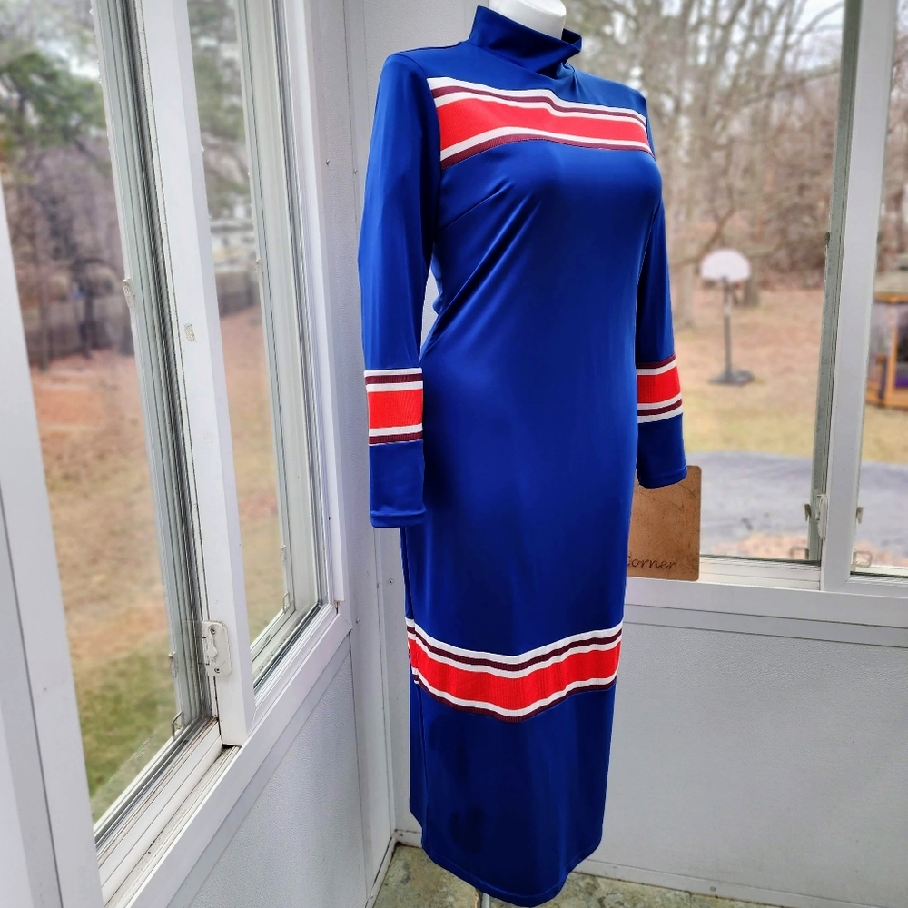 Royal Blue Red & White Ribbed Striped Mock Neck Maxi Column Knit Dress - Picture 3 of 16